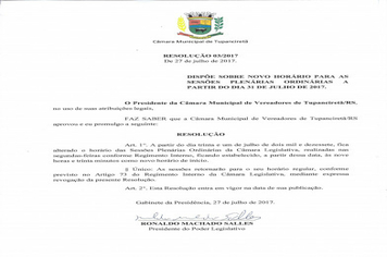 Câmara Municipal transfere horário das Sessões.
