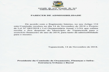 Parecer de Admissibilidade a Lei Orçamentária Anual.