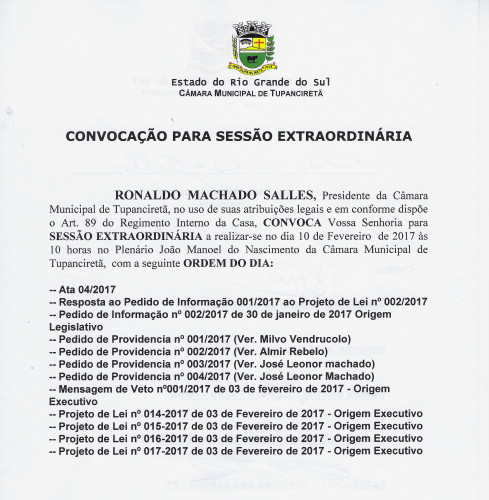 Sessão Extraordinária dia 10/02.