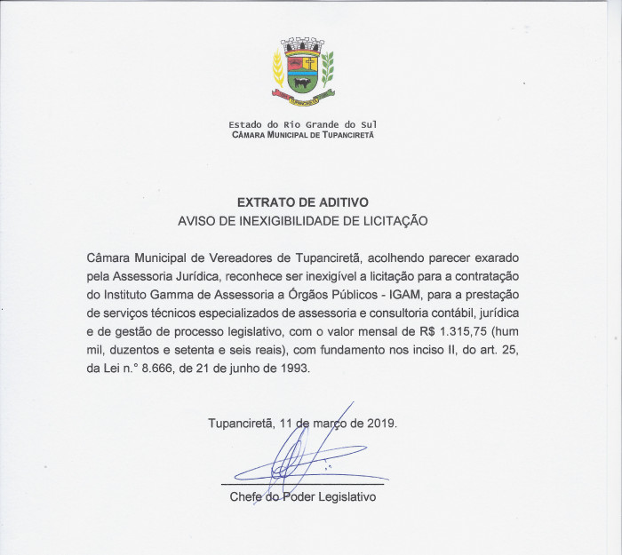 Contratação de serviços técnicos especializados de assessoria e consultoria contábil, jurídica e de gestão de processo legislativo.