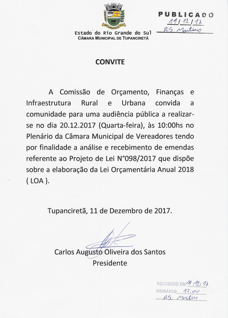 Convite para Audiência Pública dia 20/12/2017.