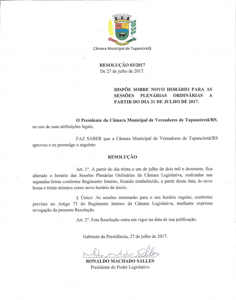 Câmara Municipal transfere horário das Sessões.