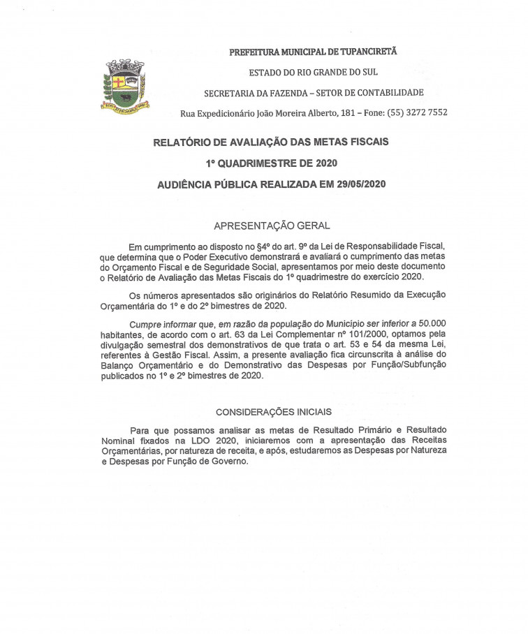 Relatório de Metas Fiscais do 1º Quadrimestre de 2020.