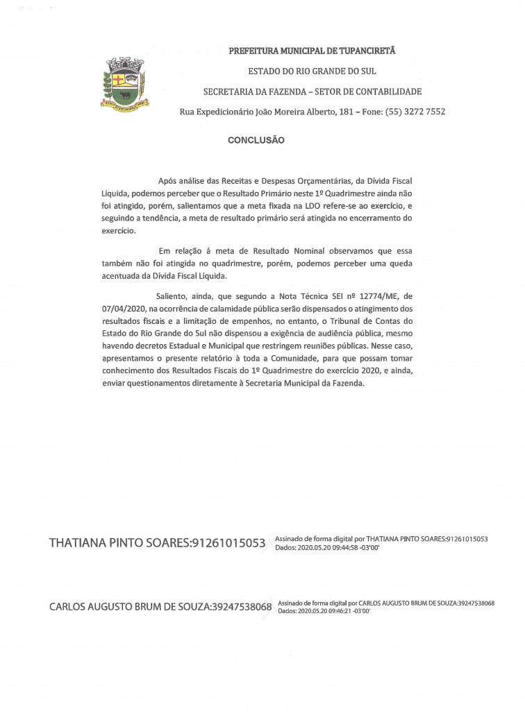 Relatório de Metas Fiscais do 1º Quadrimestre de 2020.