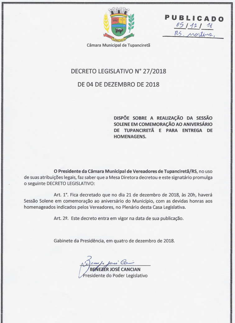 DECRETO LEGISLATIVO N° 027, 28 e 29/2018.