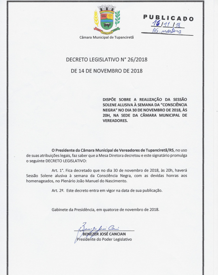 DECRETO LEGISLATIVO N° 026/2018.